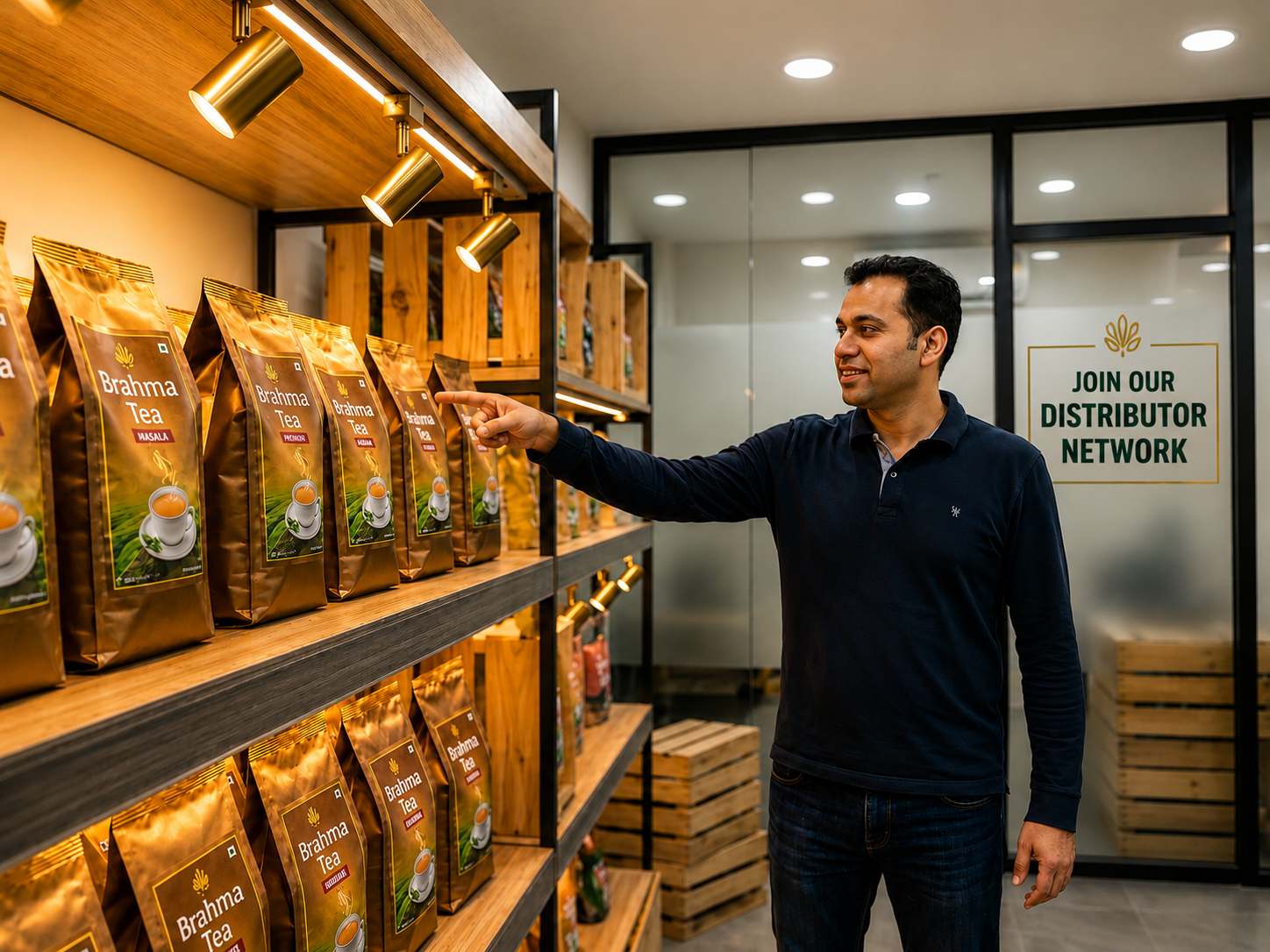 Significantly enhanced Brahma Tea branding on gold-foil tea bags in a professional retail environment.